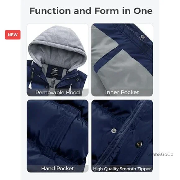 Men's Thick Winter Vest Water-Resistant Puffer Jacket Removable Hood